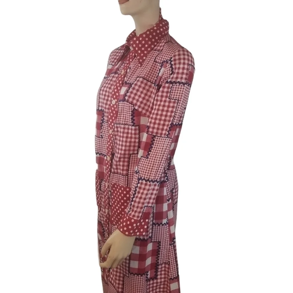Vtg 70s red gingham plaid patchwork long sleeve maxi dress - Picture 8 of 13